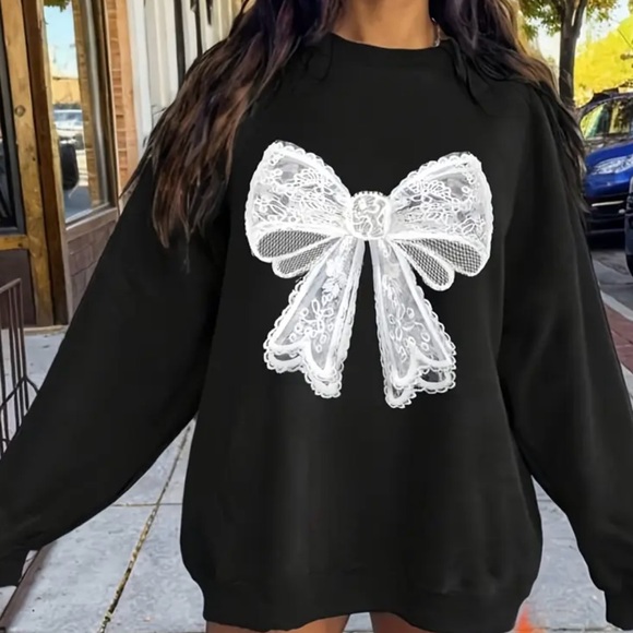 Sweaters - Black White Lace Bow Sweatshirt